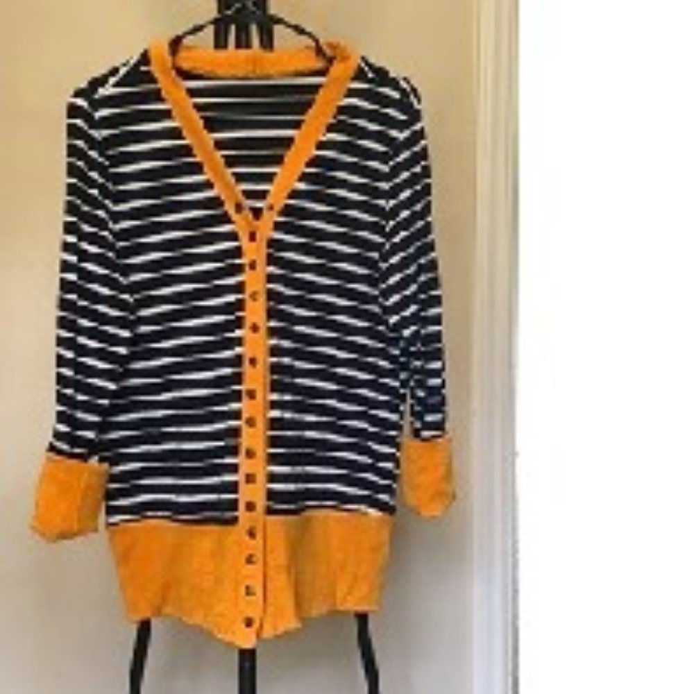 Navy and White striped cardigan with mustard yellow brass snap buttons